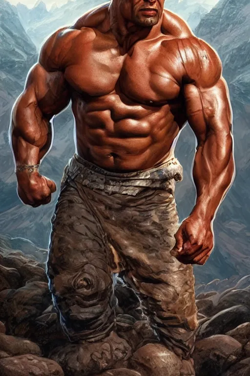 Prompt: muscled Dwayne Johnson as a ruggedly handsome hero, intricate, elegant, highly detailed, centered, digital painting, artstation, concept art, smooth, sharp focus, illustration, art by artgerm and donato giancola and Joseph Christian Leyendecker, Ross Tran, WLOP