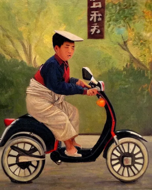 Image similar to asian school boy riding moped, aged oil painting by le pho