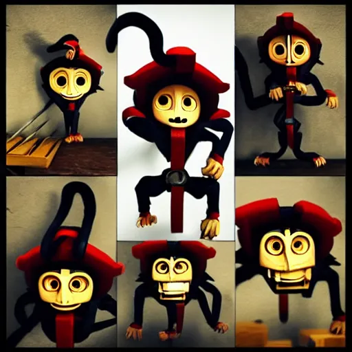 Image similar to Evil genius monkey, carpenter by trade, tool belt, hammer, in the style of Kubo And The Two Strings