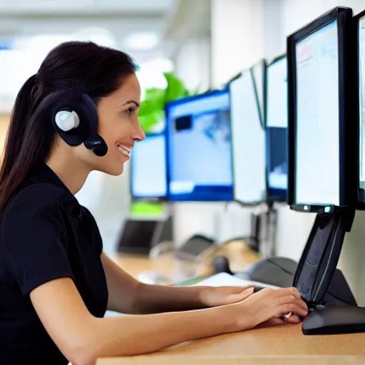 Prompt: woman wearing headset in sit infront computer talking with customers. work from office. photo, digital camera photo.