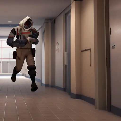 Prompt: the medic from TF2 running down an hospital corridor, photorealistic, 8K, 3D, as coherent as Dall-E 2