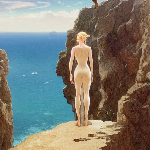 Image similar to a person standing on a cliff, looking out at the ocean, by artgerm and greg rutkowski and alphonse mucha and william