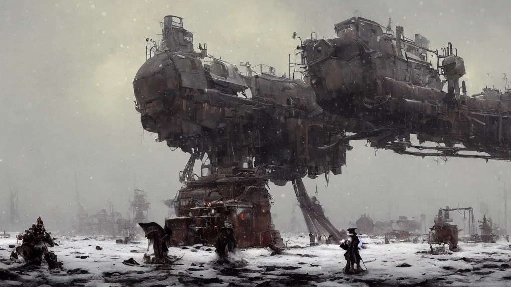 Prompt: 1920's broken down bipedal mech in the snowy tundra, oil drill in the distance, steampunk airship above, painted by Jakub Rozalski