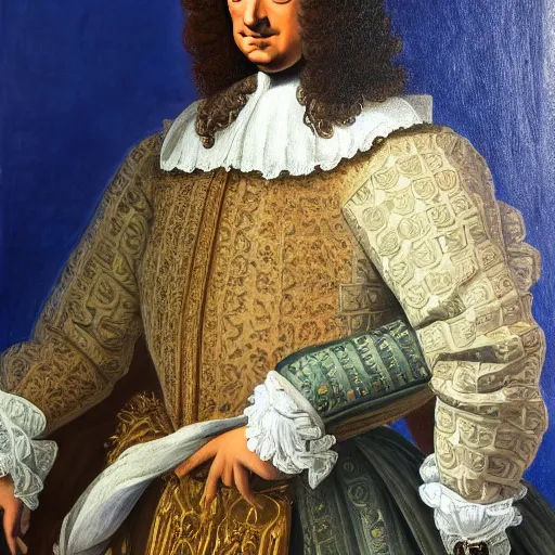 Prompt: a painting of Louis XIV posing while wearing a Fortnite shirt, oil on canvas in the style of Botticelli