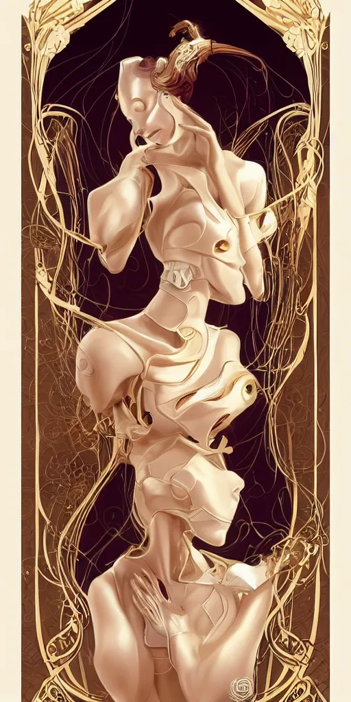 Image similar to beauty art nouveau woman, ivory and gold robotic, trending on artstation, by Artgerm