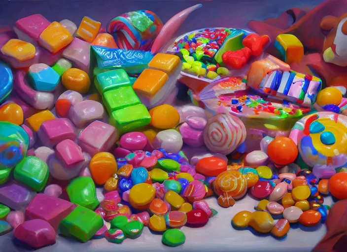 Image similar to candy zoo for a game candy themed, top angle, oil painting by jama jurabaev, extremely detailed, brush hard, artstation, for aaa game, high quality, brush stroke