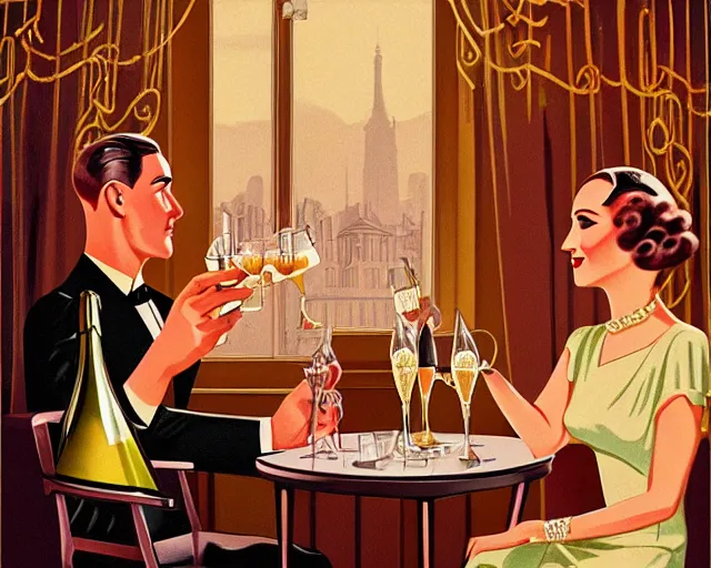 Prompt: 1 9 3 0 s champagne commercial, realistic, artstation, illustration, bright, cheerful, detailed and intricate environment