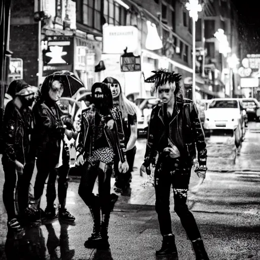 Prompt: flash night photography of punks and goths on the lower east side, nighttime, raining!