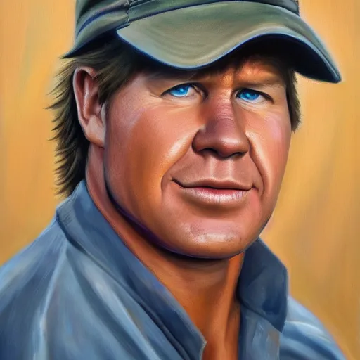 Image similar to a symmetrical portrait of a steve irwin, oil painting, pale colors, high detail, 8 k, wide angle, trending on artstation,