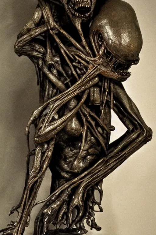 Prompt: giger sculpture of an alien from the movie alien holding a severed human by francisco jose de goya, giger, pixiv, vanitas, chiaroscuro, grotesque, demonic photograph