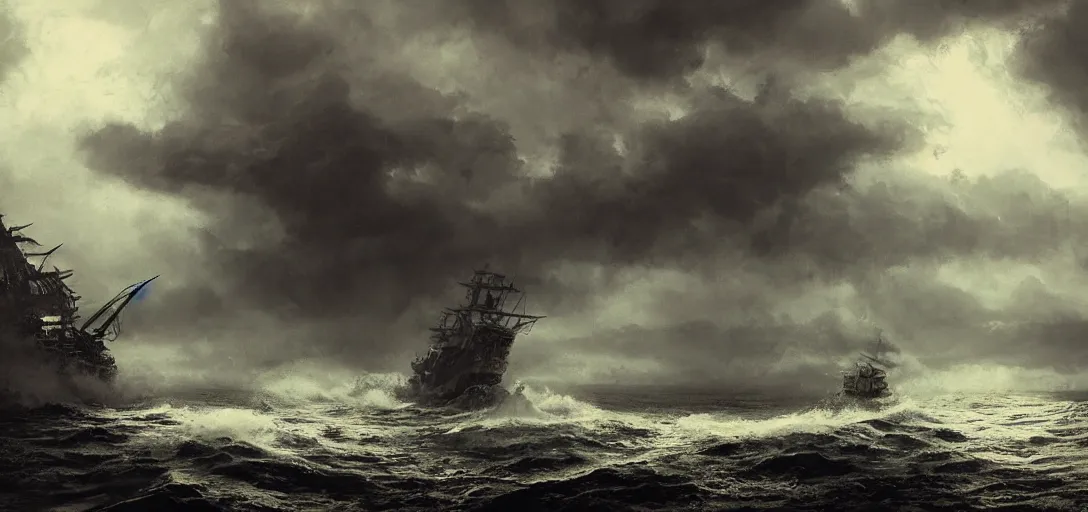 Image similar to wild ocean, ship gets pulled down by giant kraken, rainy night, dramatic lighting, cinematic, establishing shot, extremly high detail, foto realistic, pirates of the carribean, cinematic lighting, post processed, concept art, artstation, matte painting, style by studio ghibli, mysazaki