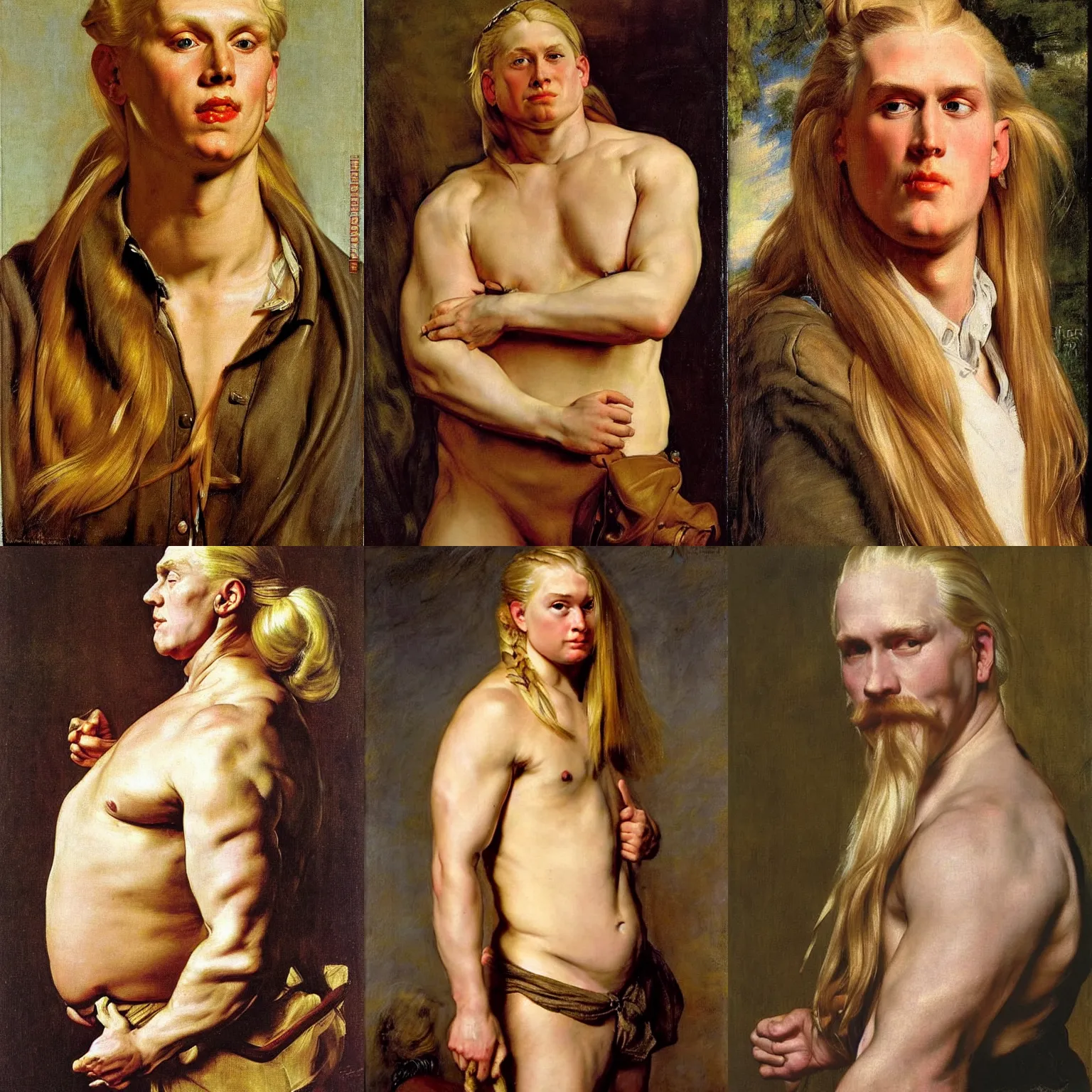 Prompt: portrait of an androgynous jerma985 with long blond hair and side braids by peter Paul rubens and Norman Rockwell, big beefy chunky strong fat build, very very very very pale white skin platinum blond hair