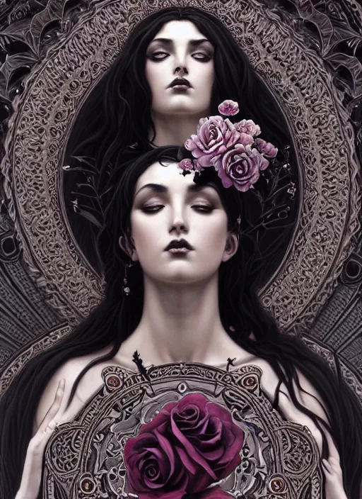 Image similar to perfectly detailed goth goddess of black rose flowers!! blessed by nature with ever - increasing physical mental perfection, symmetrical! intricate, sensual features, highly detailed, biblical divine holy perfection!! digital painting, artstation, concept art, smooth, sharp focus, illustration, art by artgerm and greg rutkowski and alphonse mucha