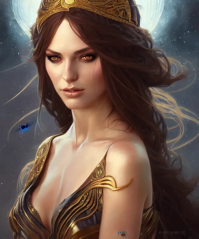 Prompt: A fantasy magic woman portrait, sci-fi, amber eyes, face, long hair, fantasy, intricate, elegant, highly detailed, digital painting, artstation, concept art, smooth, sharp focus, illustration, art by artgerm and greg rutkowski and alphonse mucha