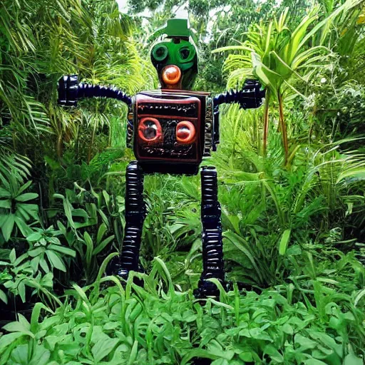 Prompt: robot made of plants in the jungle