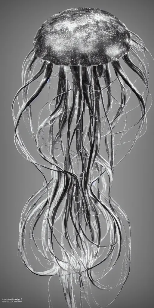 Image similar to a photorealistic render of a metallic neotribal jellyfish, greyscale, made of melted plastic and marble, c 4 d, by zhelong xu and ernst haeckel, wide angle, hyper realistic, plain black background, 8 k, volumetric lightning, octane render
