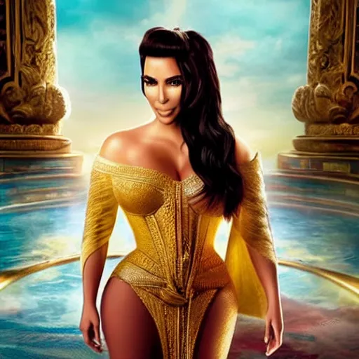 Image similar to kim kardashian in alladin live action, 8k full HD photo, cinematic lighting, anatomically correct, oscar award winning, action filled, correct eye placement,