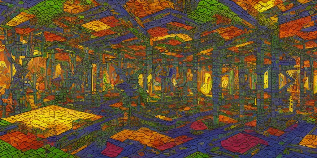 Image similar to liminal space virtual art museum in a 9 0's video game in the style of mc escher and heironymus bosch, colorful intricate masterpiece, hyper detailed, hd screenshot