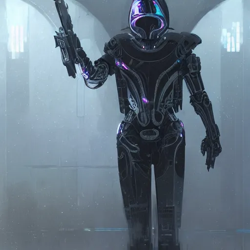 Prompt: matte digital artwork of the galactic assassin, intricate black sharp iridescent hooded cybernetic armour, iridescent technology and weapon, by greg rutkowski and tim white