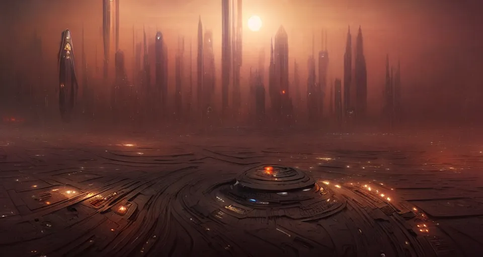 Image similar to cinematic shot, futuristic city on the mars made of stacked disks, utopian, bladerunner, digital painting, artstation, concept art, smooth, sharp focus, illustration, intricate, elegant, highly detailed, in the style of greg rutkowski and alphonse mucha and artemisia, 8 k, highly detailed, jurgens, rutkowski