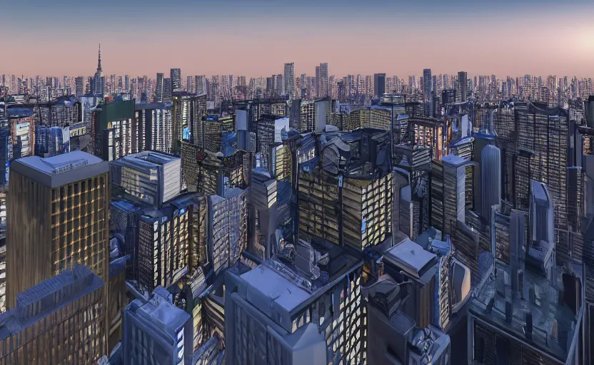 Image similar to unreal engine global illumination render of tokyo city from a rooftop view, sunset lighting, hyper realism, realistic shading, cinematic composition, blender render, octane render, hdr, detailed textures, photorealistic, ultrawide shot, 1 6 mm lens