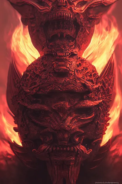 Image similar to demon samurai mask, smoke and fire, intricate, elegant, volumetric lighting, scenery, digital painting, highly detailed, artstation, sharp focus, illustration, concept art, luis rollo, ruan jia, steve mccurry, john berkey