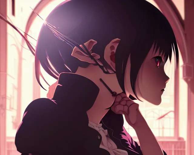 Image similar to ilya kuvshinov, moody, key anime visual portrait of a young female witch walking through a busy medieval village, dynamic pose, dynamic perspective, cinematic, dramatic lighting, muted colors, detailed silhouette, textured, anime proportions, alphonse mucha, perfect anime face,, yoh yoshinari, takashi murakami