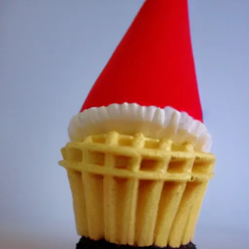 Prompt: hyper realistic cupcake gnome head with wafflecone hat