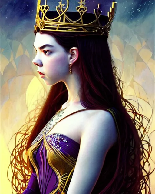 Prompt: twenty year old anya taylor - joy ( queen's gambit ) as a chess queen, art nouveau, fantasy, intricate, elegant, highly detailed, sharp focus, art by artgerm and greg rutkowski and wlop