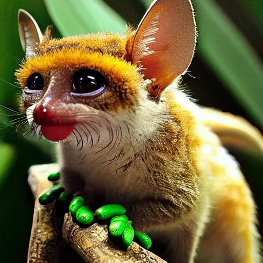 Image similar to A mix between of Tarsier with the body of a fuzzy bee Margay, Gecko, Sugar glider, Sand cat, Bee hummingbird, Pygmy hippopotamus , Leafy sea dragon, Elephant Shrew, Klipspringer, Fennec Fox, Tawny frogmouth, Quetzal and Star-nosed mole