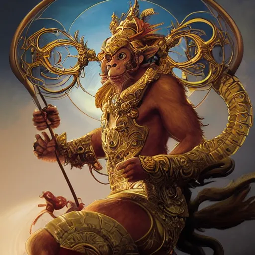 Image similar to Sun Wukong, monkey king, divine, golden ,symmetrical, D&D character art, portrait, digital painting, Peter Mohrbacher, Alphonse Mucha, Brian Froud, Yoshitaka Amano, Kim Keever, Victo Ngai, James Jean