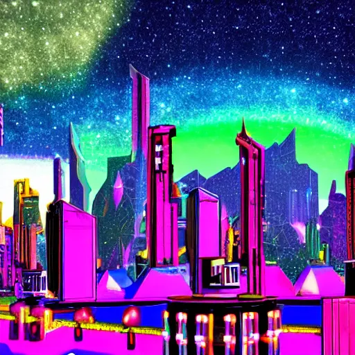 Prompt: galactic giant city with neons