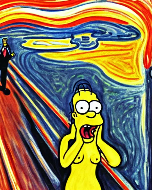 Image similar to a painting of homer simpson screaming in the scream by edvard munch