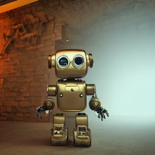 Image similar to cute little robot looking at a large wall, the wall is filled with gears and mechanical parts, nice golden light is shining down upon the cute little robot, 3d render, volumetric lighting, matt dixon style,