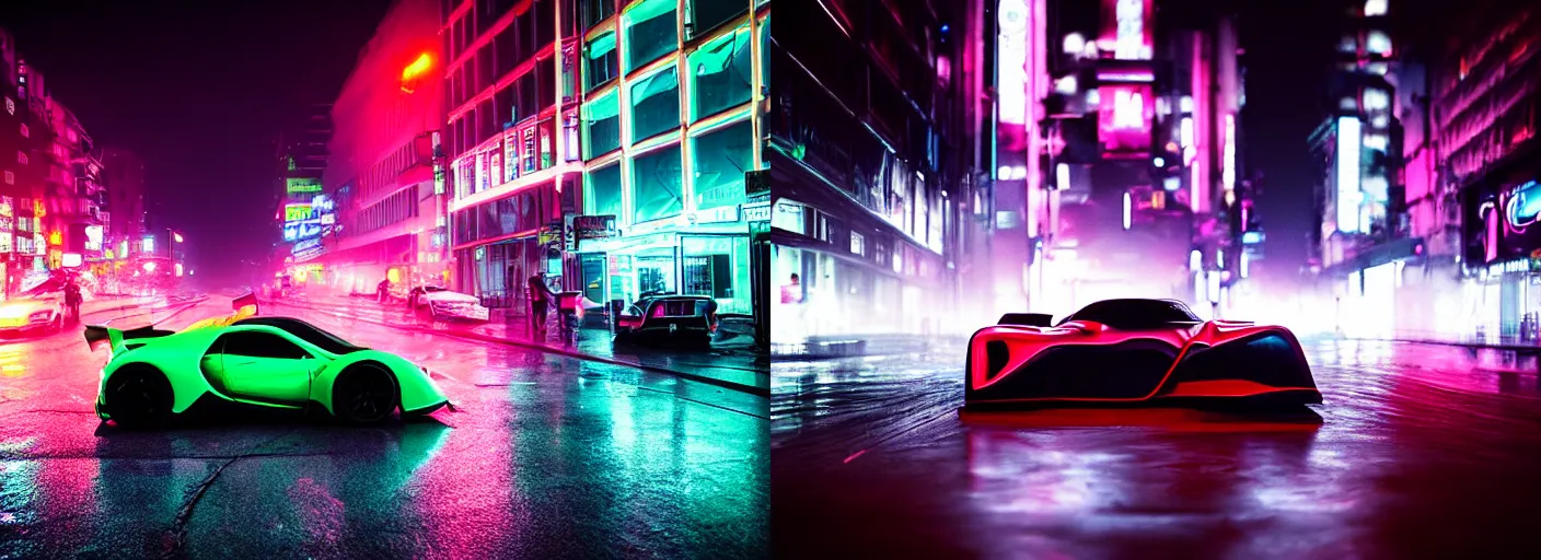 Prompt: a neon hypercar in the dark and rainy city street by Liam Wong