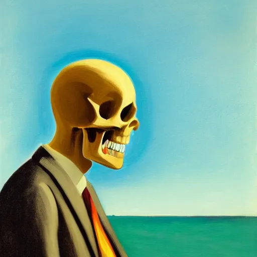 Prompt: a portrait painting of a man in a suit and a skull as his head sitting by the beach, 1 9 5 0 ad campaign, in the style of edward hopper, in the style of edward hopper and david hockney, 4 k,