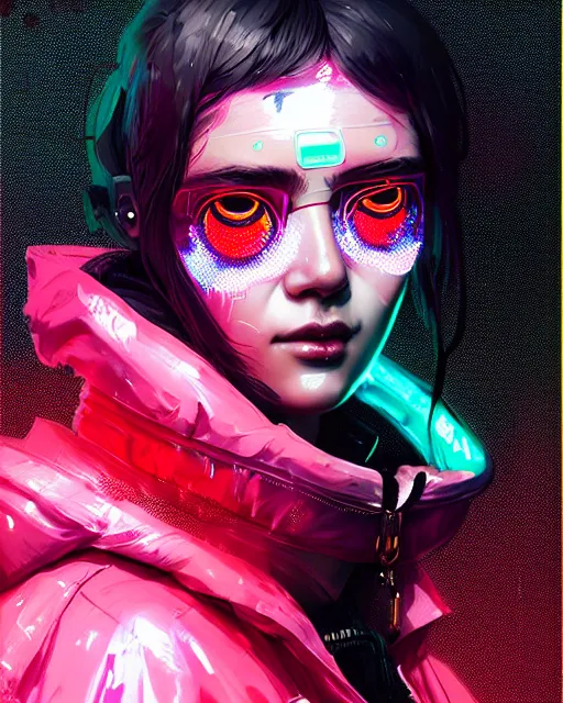 Image similar to detailed portrait Neon Operator Girl cyberpunk futuristic neon Reflective puffy coat, decorated with traditional japanese ornaments by ismail inceoglu dragan bibin hans thoma greg rutkowski Alexandros Pyromallis Nekro Rene Margitte illustrated Perfect face, fine details, realistic shaded, fine-face, pretty face