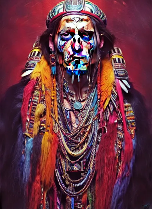 Prompt: portrait of johnny depp, hyper detailed ultra sharp aztec shaman warrior. trending on artstation, warpaint aesthetic, bloodwave, colorful, psychedelic, ornate, intricate, digital painting, concept art, smooth, sharp focus, illustration, art by artgerm and greg rutkowski and h. r. giger, 8 k