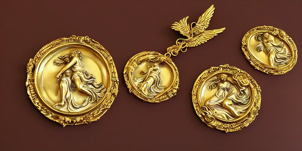 Image similar to Venus Athena beautiful gracious pagans baroque marble and gold medallions in space clouds winged angels greeks, baroque and rococo ornaments, decorative golden elements, ultrarealistic