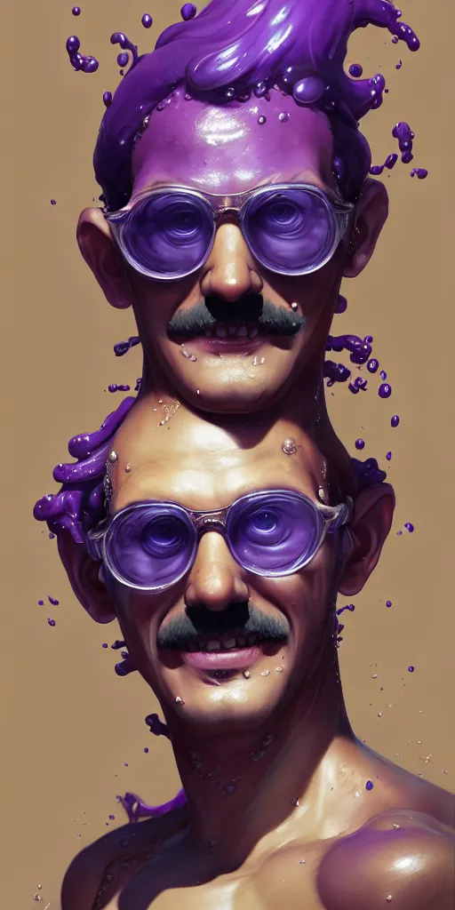 Image similar to Extremely Detailed and Full Portrait scene of Gooey Ocean scene in ink and refined sand, Waluigi with shades on face. wearing a purple dress full body smiling by Akihito Yoshitomi AND Yoji Shinkawa AND Greg Rutkowski, Mark Arian trending on artstation