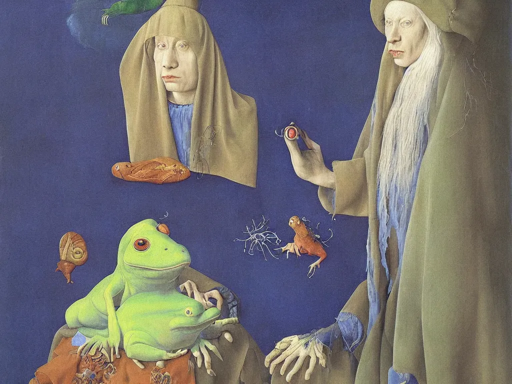 Image similar to Portrait of albino mystic with blue eyes, with beautiful exotic melancholy frog. Painting by Jan van Eyck, Audubon, Rene Magritte, Agnes Pelton, Max Ernst, Walton Ford