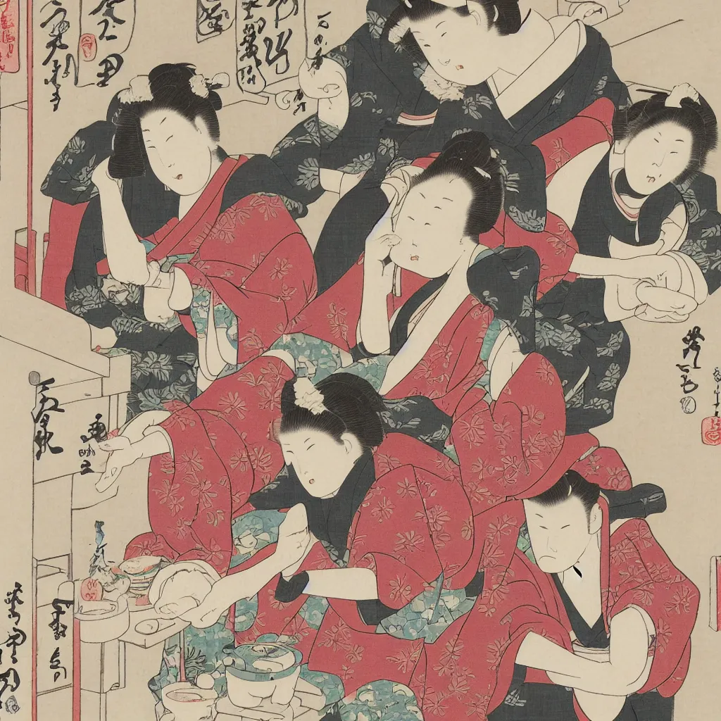 Image similar to Ukiyo-e style picture of two sisters making candles in the balcony. A small white dog is sitting besides them. Highly Detailed. Happy. Joyous. Satisfying. Celestial.