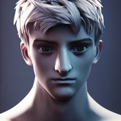 Image similar to “a realistic detailed photo of a guy who is an attractive humanoid who is half robot and half humanoid, who is a male android, twitch streamer Ninja Tyler Blevins, shiny skin, posing like a statue, blank stare, gaming room, close up”