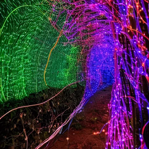 Prompt: a jungle made of wires cables and fiber optics, vines made of glowing wires and cords, electronic inorganic jungle, luminescent