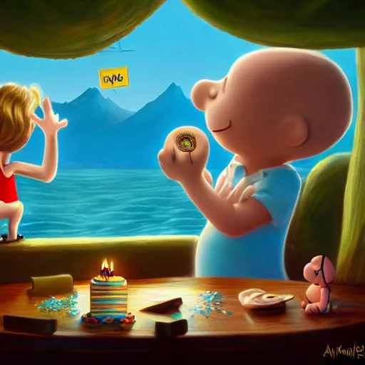 Image similar to ultra detailed matte painting of the worst birthday ever : 2, charles schulz and rhads, featured on artstation