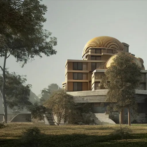 Image similar to modernist beige house inspired by tibetan palace, built like a stadium with atrium in the middle, on a hill surrounded by big trees, dramatic lighting, artstation, realistic rendering, unreal engine, octane render, raphael lacoste, simon stalenhag, frank lloyd wright, helicopter view