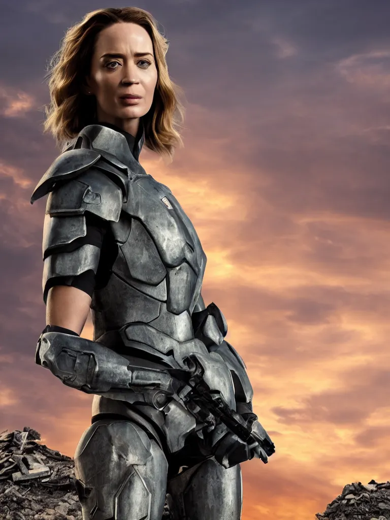 Image similar to emily blunt in futuristic power armor, close up portrait, solitary figure standing atop a pile of rubble, sunset and big clouds behind her