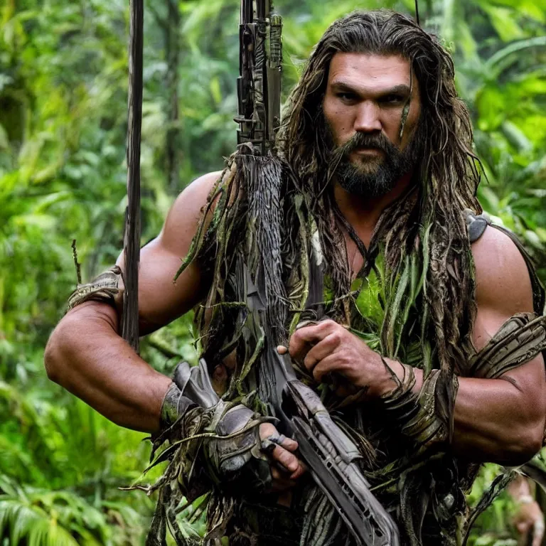 Prompt: jason mamoa in the movie predator with rifle in the jungle, photo - realism, realism, predator, jungle camo