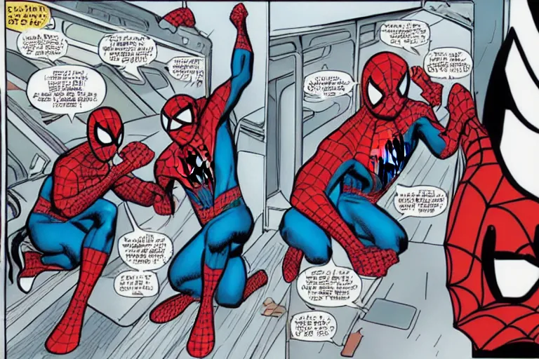 Prompt: spider man and spider man sitting in a train talking about the new marvel movie, as a panel of a Marvel comic