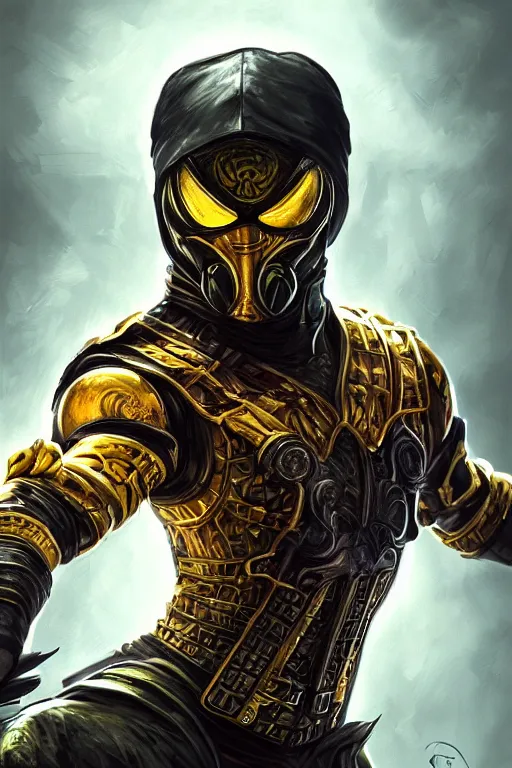 Image similar to ultra realistic illustration, scorpion from mortal kombat dressed like a wakandan warrior, hacknaut cyberpunk, sci - fi, fantasy, intricate, elegant, highly detailed, digital painting, artstation, concept art, smooth, sharp focus, illustration, art by artgerm and greg rutkowski and alphonse mucha